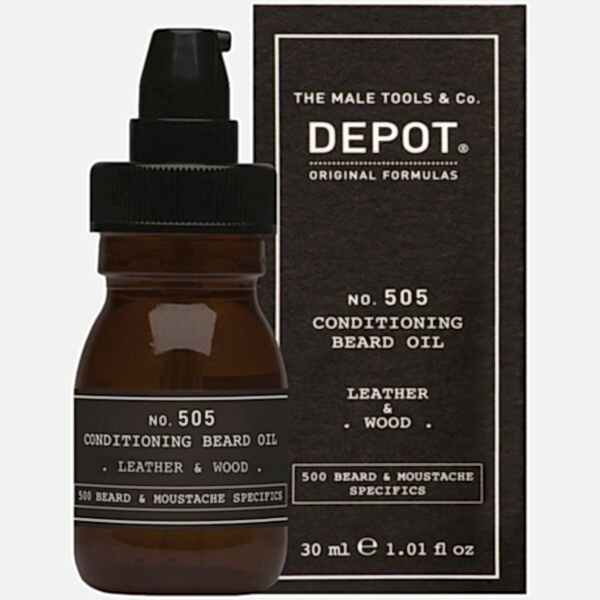 Olejek Depot No. 505 Leather & Wood 30 ml do pielęgnacji brody i wąsów o zapachu skóry i drewna. Frazy kluczowe: kup olejek do brody, sklep z męskimi kosmetykami Wilanów, BRODSKI Barbershop Klimczaka 6A, kosmetyki dla mężczyzn i brodaczy.